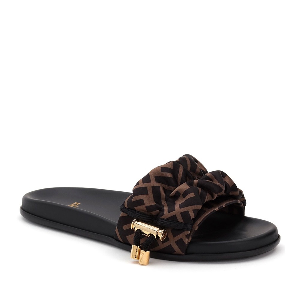 Fendi "Illusion" FF logo-print, ruched fabric sandals.